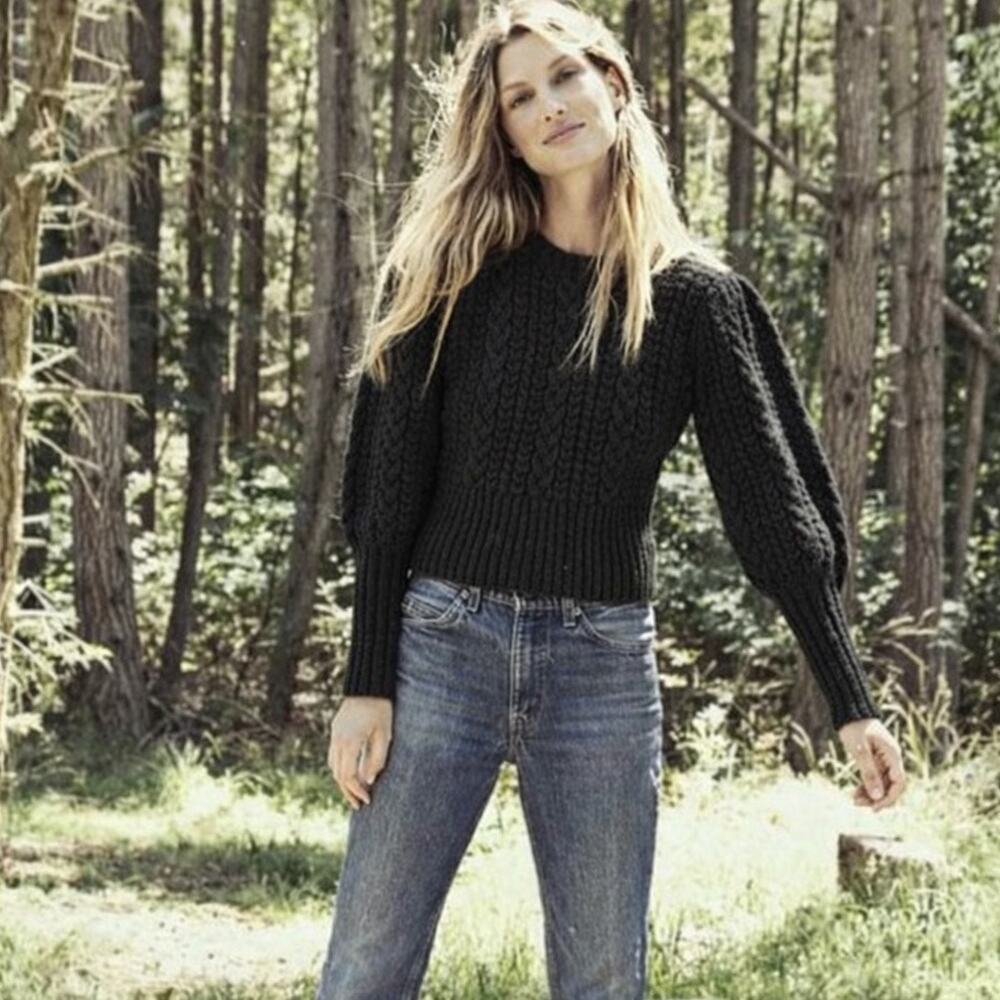 DOEN Black Mulberry‎ Cable Knit Alpaca Sweater Small Quiet Luxury Puff Sleeve